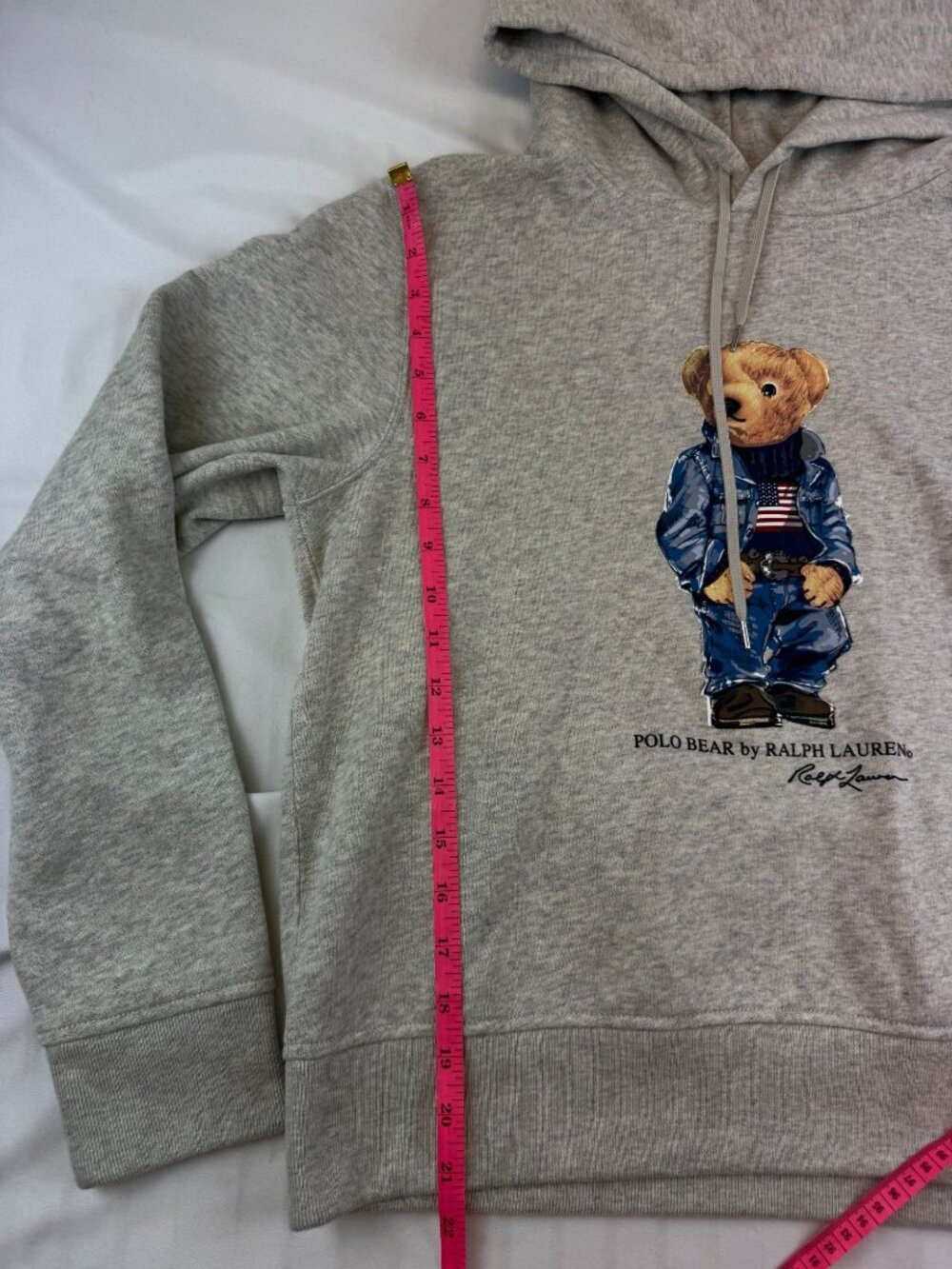 Polo Ralph Lauren Women’s Polo Bear Hoodie Gray Size L Fits S/M 20” Pit to Pit - Picture 8 of 8